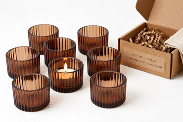 Amber Glow - 2 Inch Ribbed Glass Tealight Holder with Wax - Set of 6