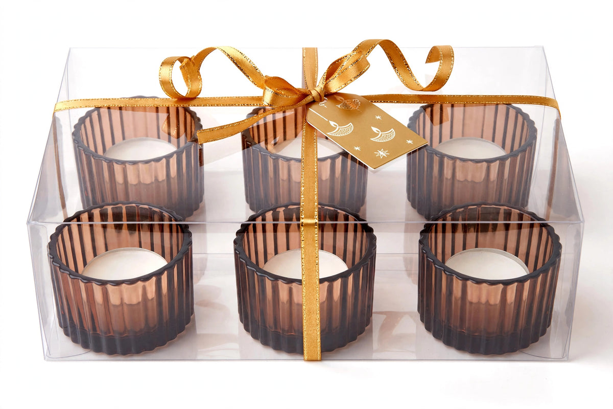 Amber Glow - 2 Inch Ribbed Glass Tealight Holder with Wax - Set of 6