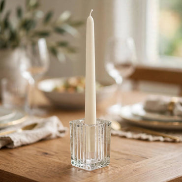 Ribbed Glass Taper Candle Holders – Set of 6 | Square Crystal Candlestick Holders for Dining Table, Wedding & Festive Decor