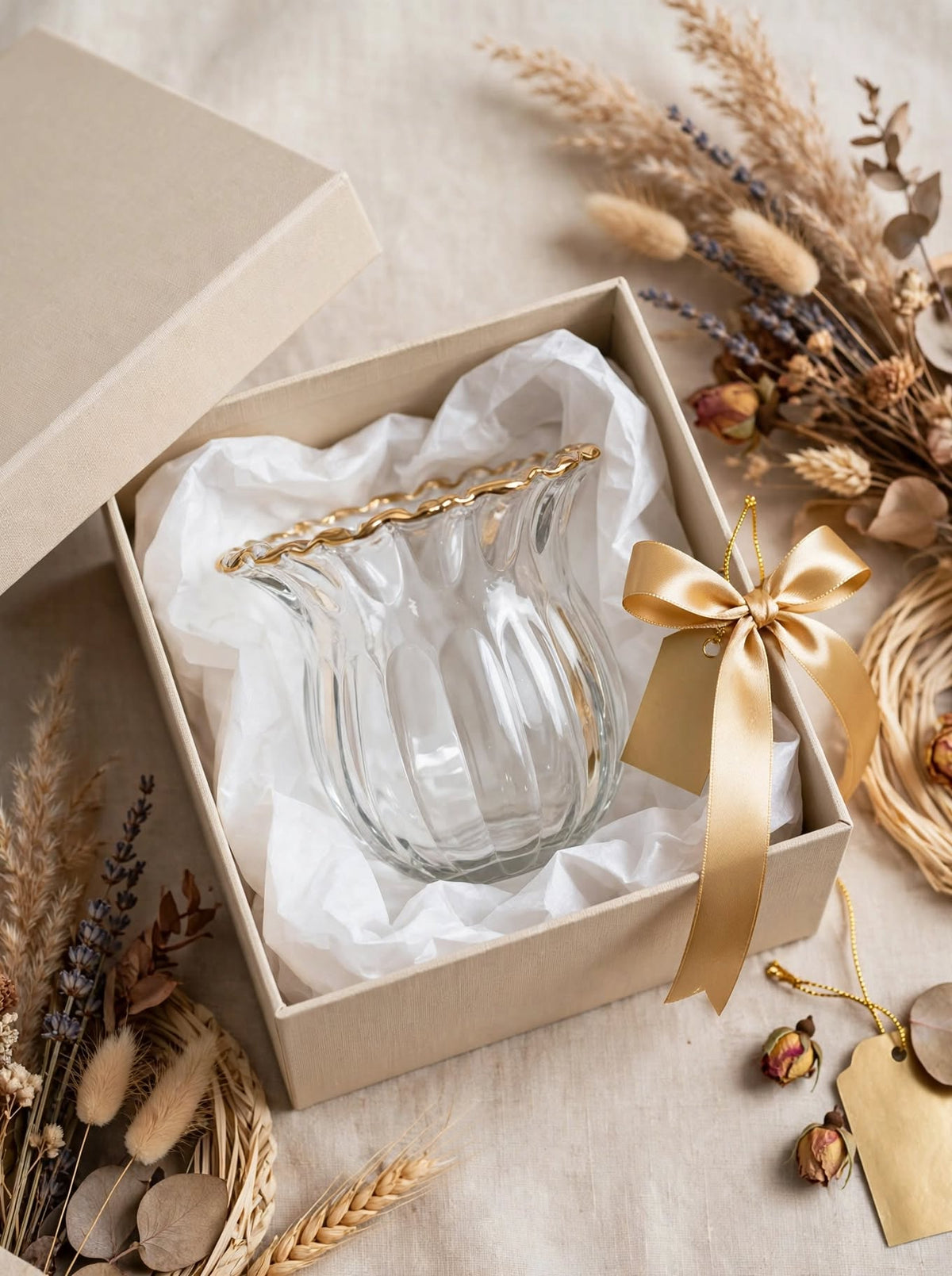 NOOR - Ruffled Champagne Gold Rim Glass Vase | Luxury Tulip Vase