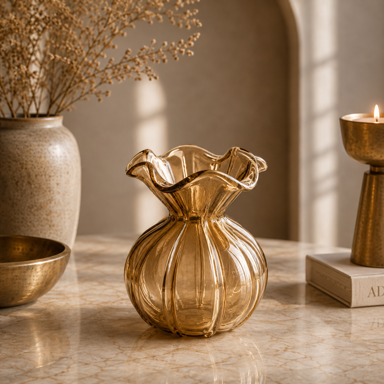 Amber Pleated Bud Vase by Farehaa Living - Ruffled Glass Vase