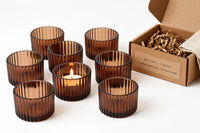 Amber Glow - 2 Inch Ribbed Glass Tealight Holder with Wax - Set of 6