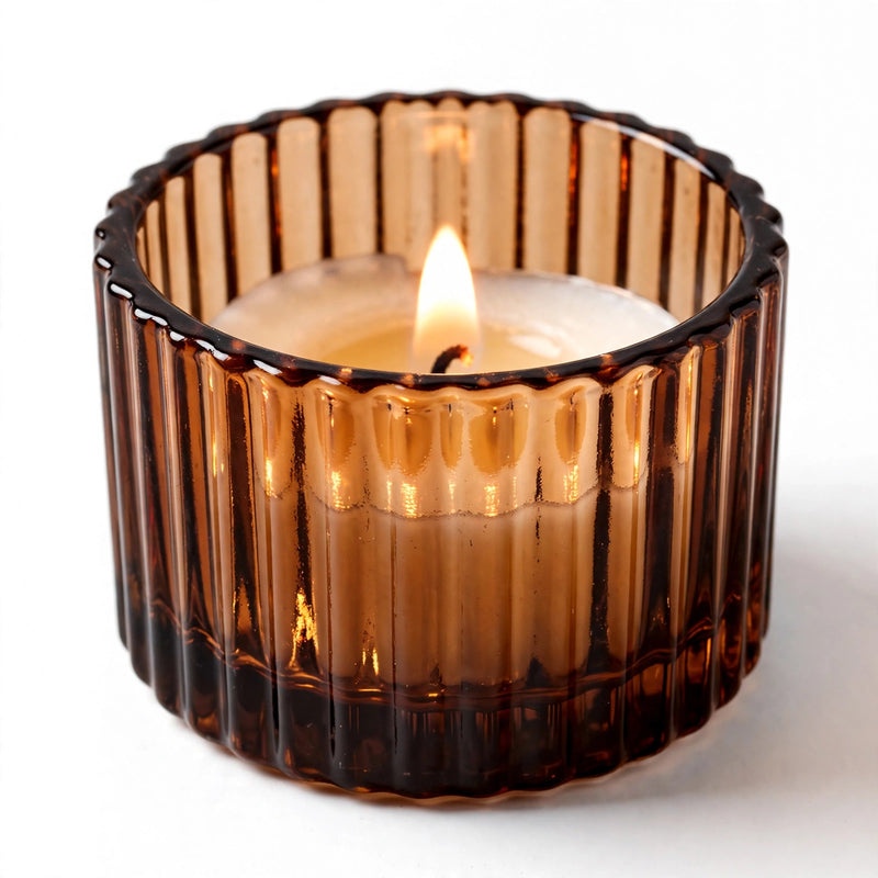 Amber Glow - 2 Inch Ribbed Glass Tealight Holder with Wax - Set of 6