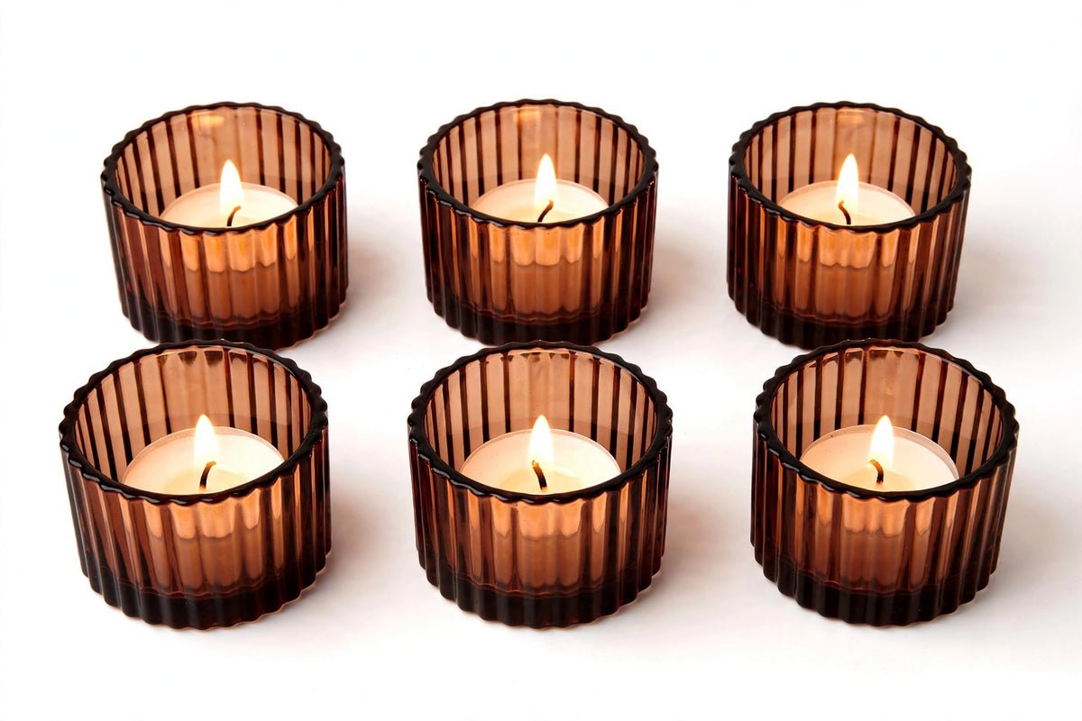 Amber Glow - 2 Inch Ribbed Glass Tealight Holder with Wax - Set of 6
