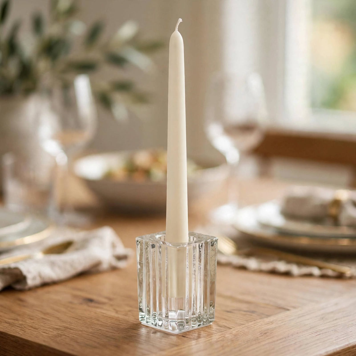 Ribbed Glass Taper Candle Holders – Set of 6 | Square Crystal Candlestick Holders for Dining Table, Wedding & Festive Decor