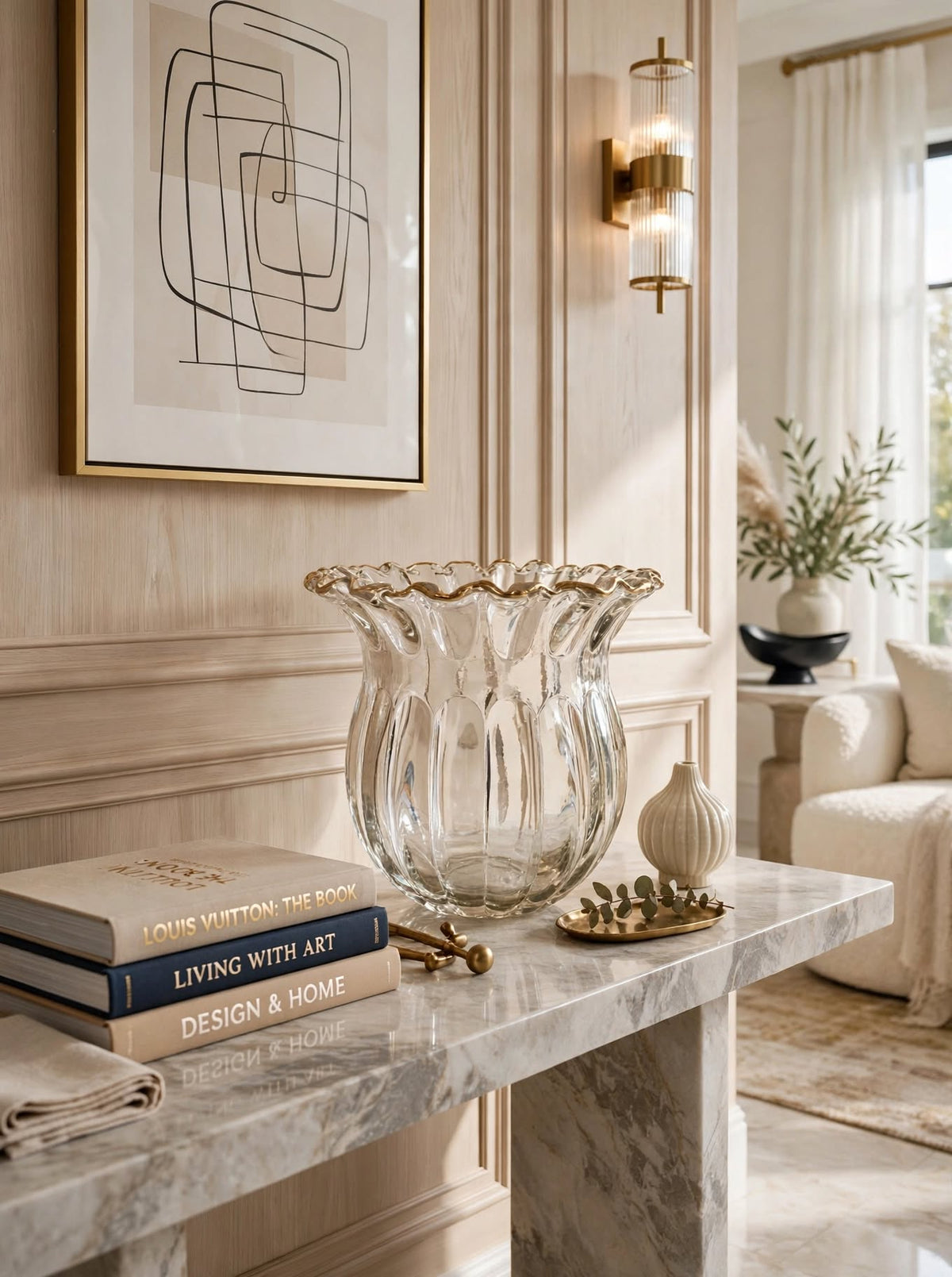 NOOR - Ruffled Champagne Gold Rim Glass Vase | Luxury Tulip Vase