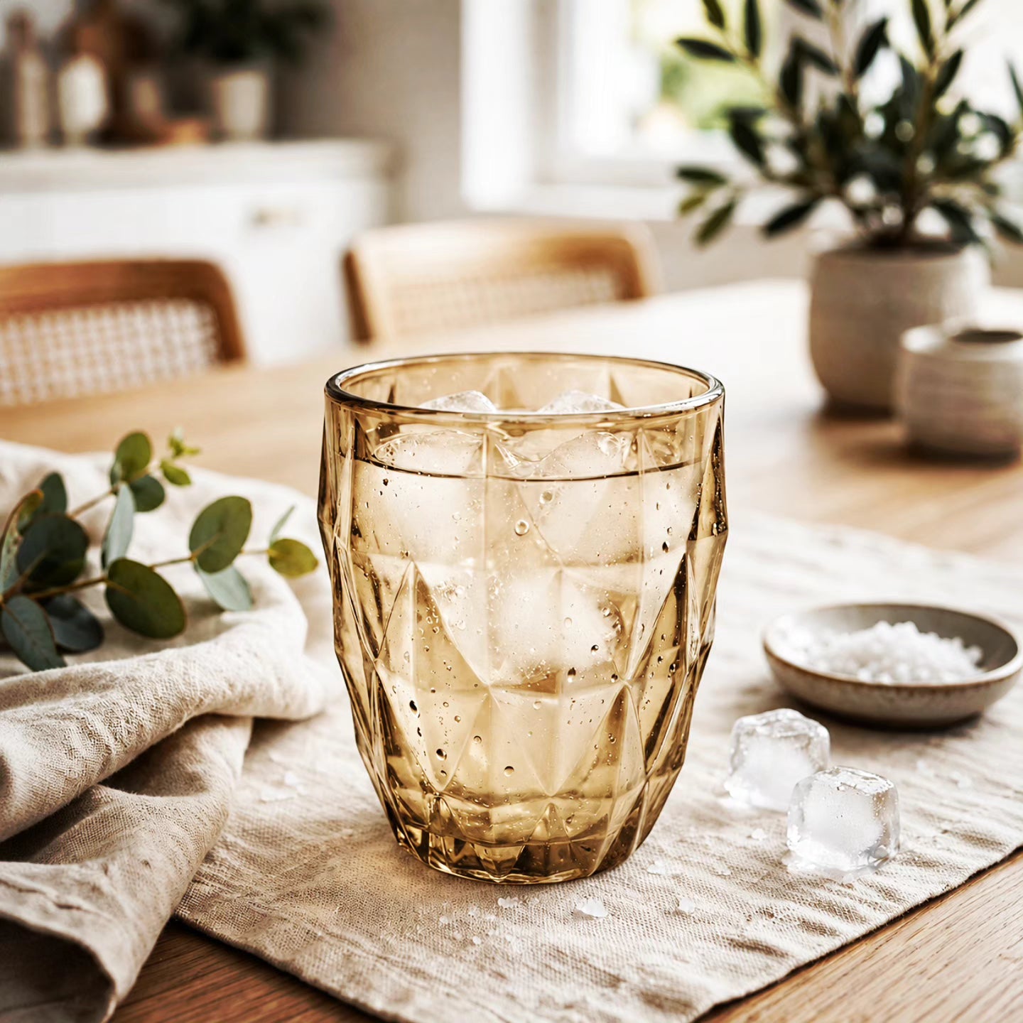 Amber Prism Diamond-Cut Tumbler Glass Candle Votive Holder