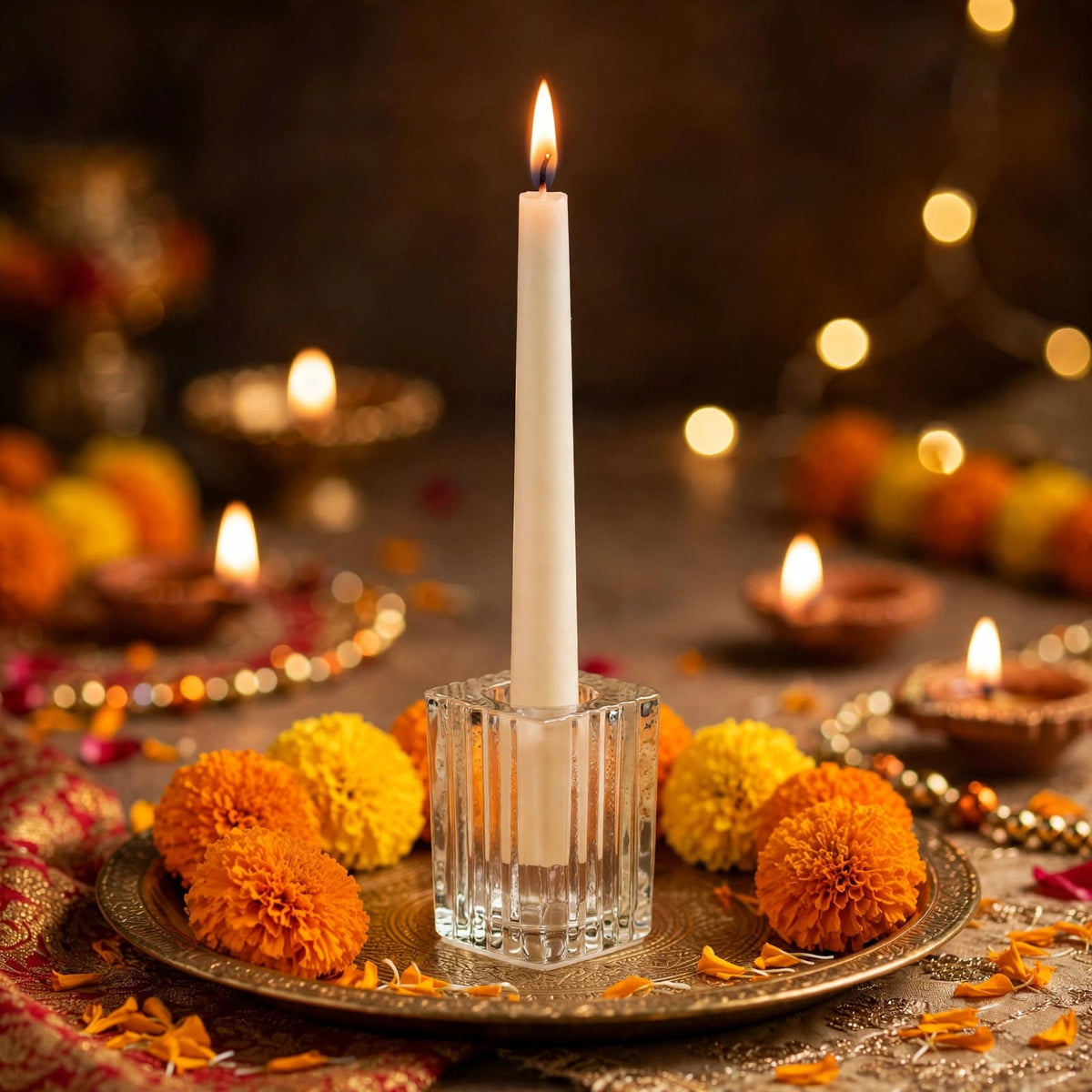 Ribbed Glass Taper Candle Holders – Set of 6 | Square Crystal Candlestick Holders for Dining Table, Wedding & Festive Decor