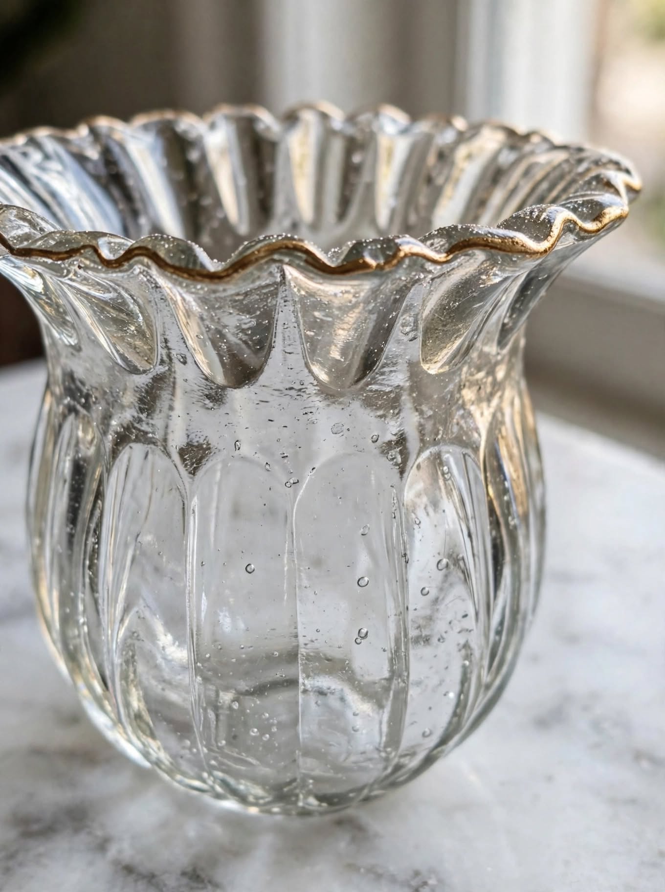 NOOR - Ruffled Champagne Gold Rim Glass Vase | Luxury Tulip Vase