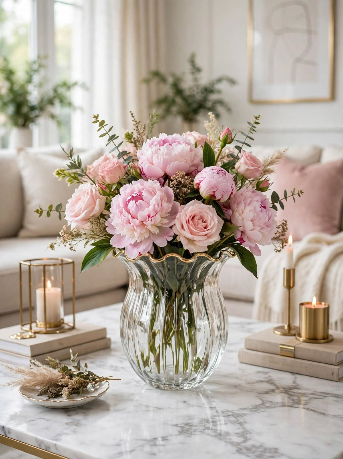 NOOR - Ruffled Champagne Gold Rim Glass Vase | Luxury Tulip Vase